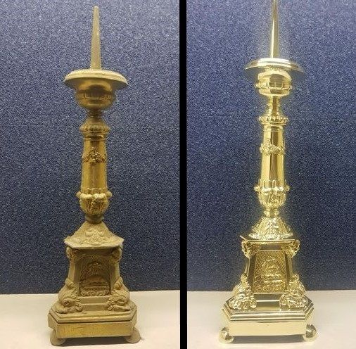 Chandelier avant et après le pollisage  
Kandelaar voor en na het polijsten